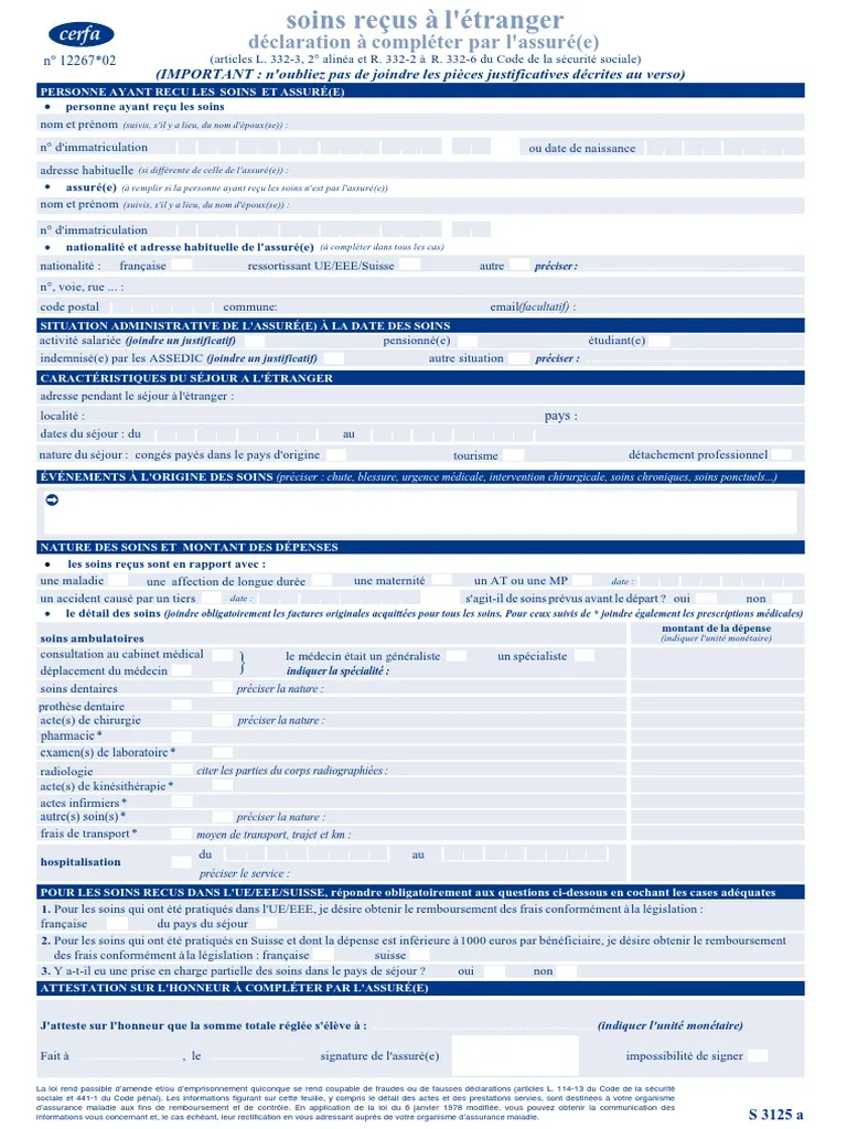 Formulaire S3125 pour obtenir le remboursement dentaire étranger auprès de l'Assurance Maladie française après des soins au Portugal