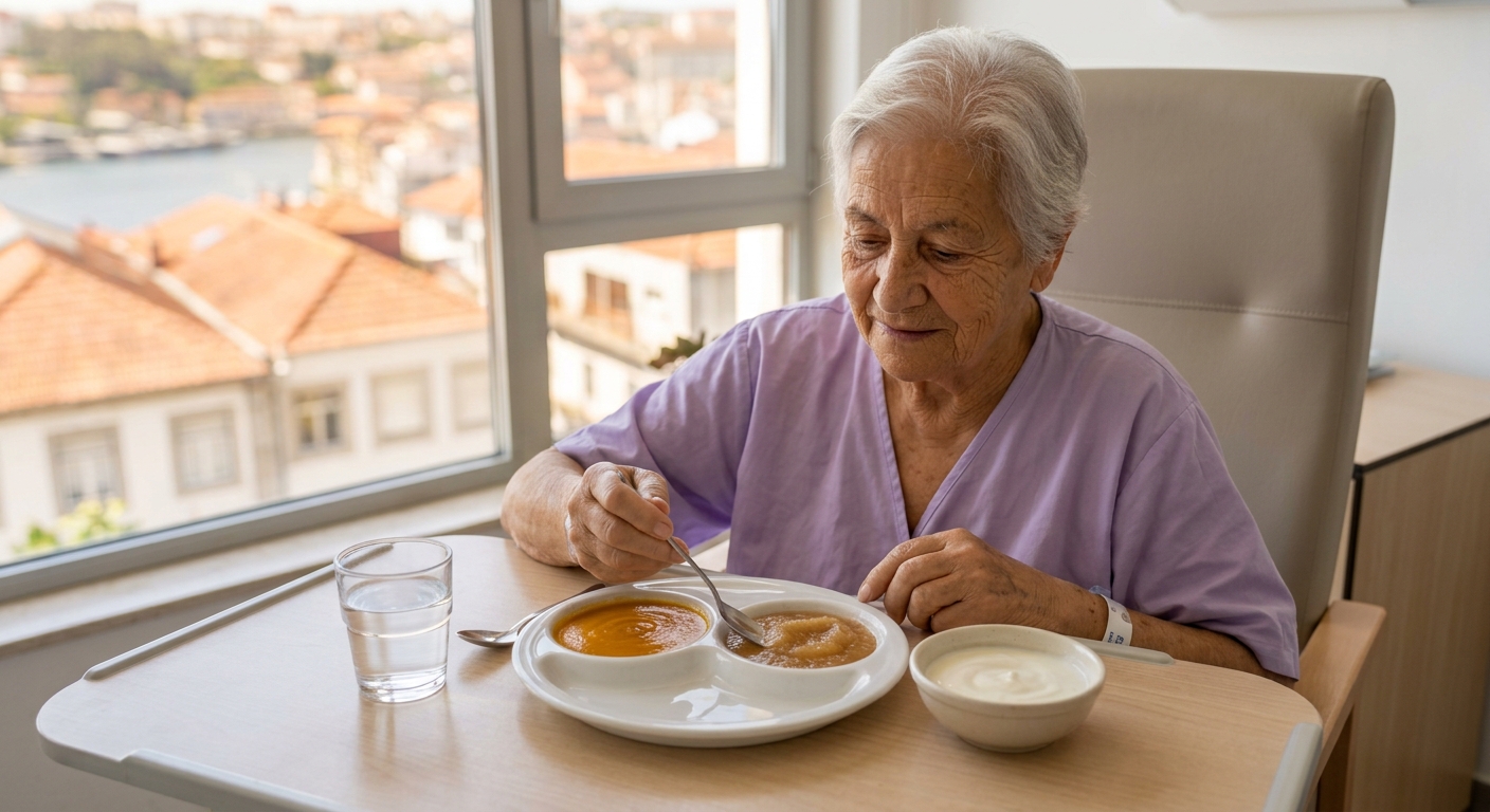 Assiette de repas mou et tiède après implant dentaire : velouté, compote et yaourt pour cicatrisation optimale