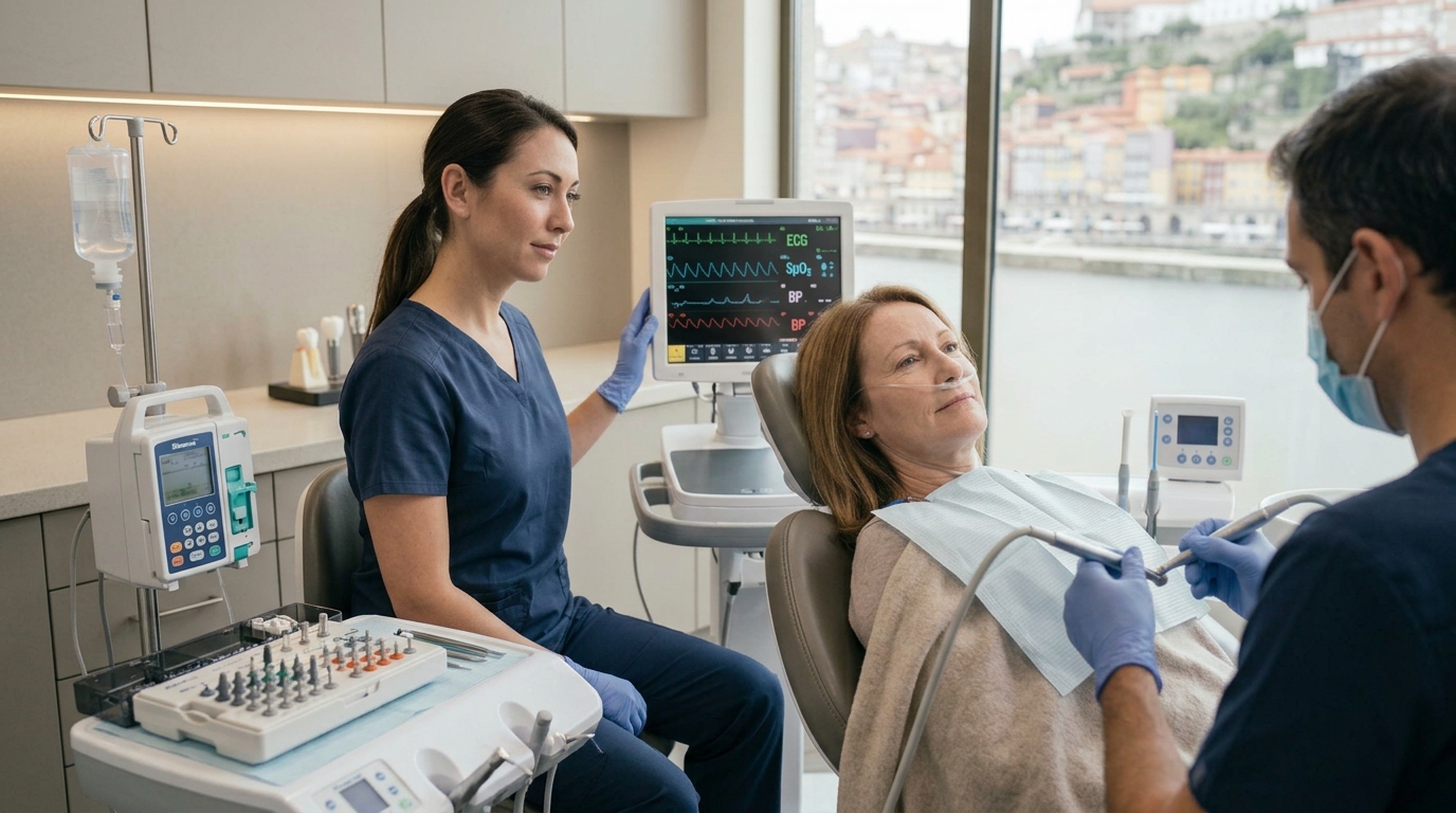 Sedation dentistry dental implants surgery room with monitoring for anxious patients