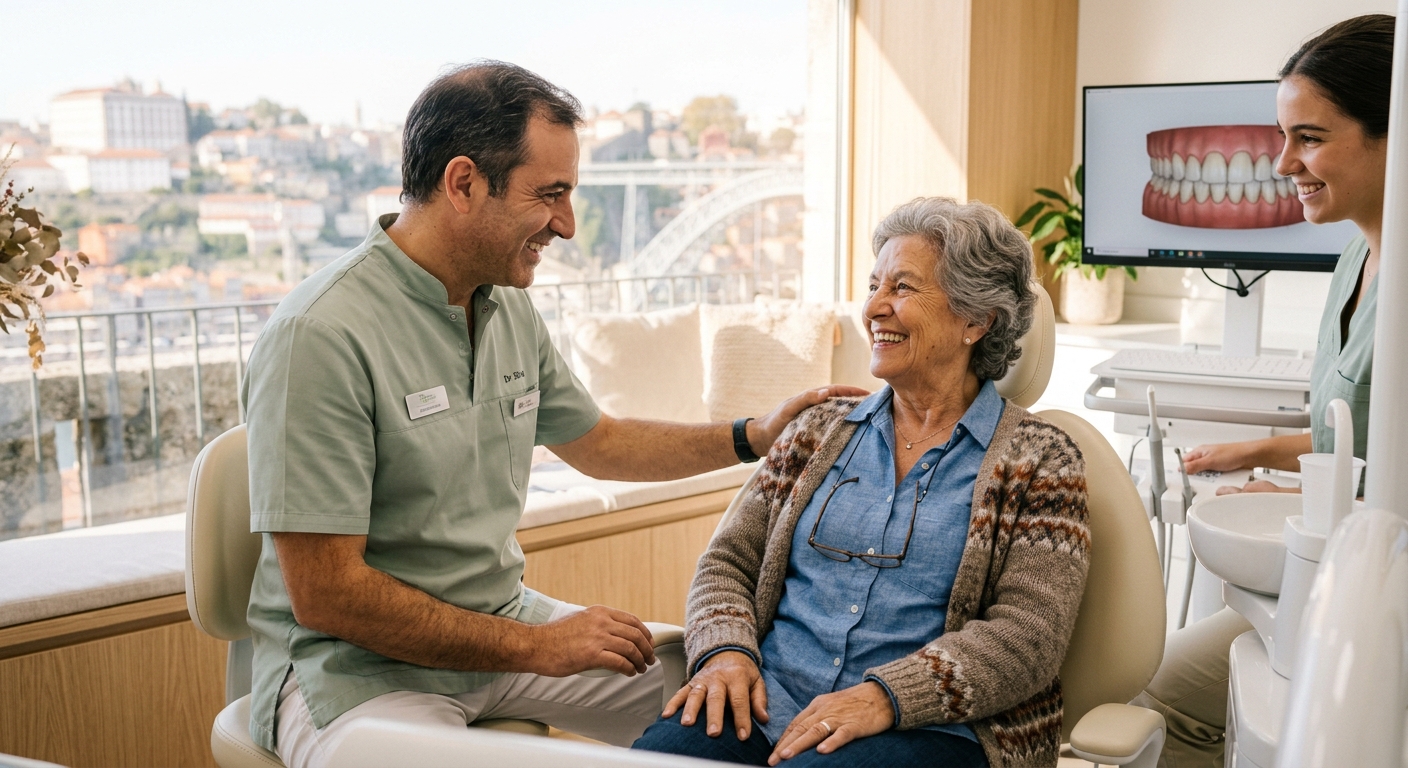 Senior patient comfort during dental implants at 80 in Porto clinic