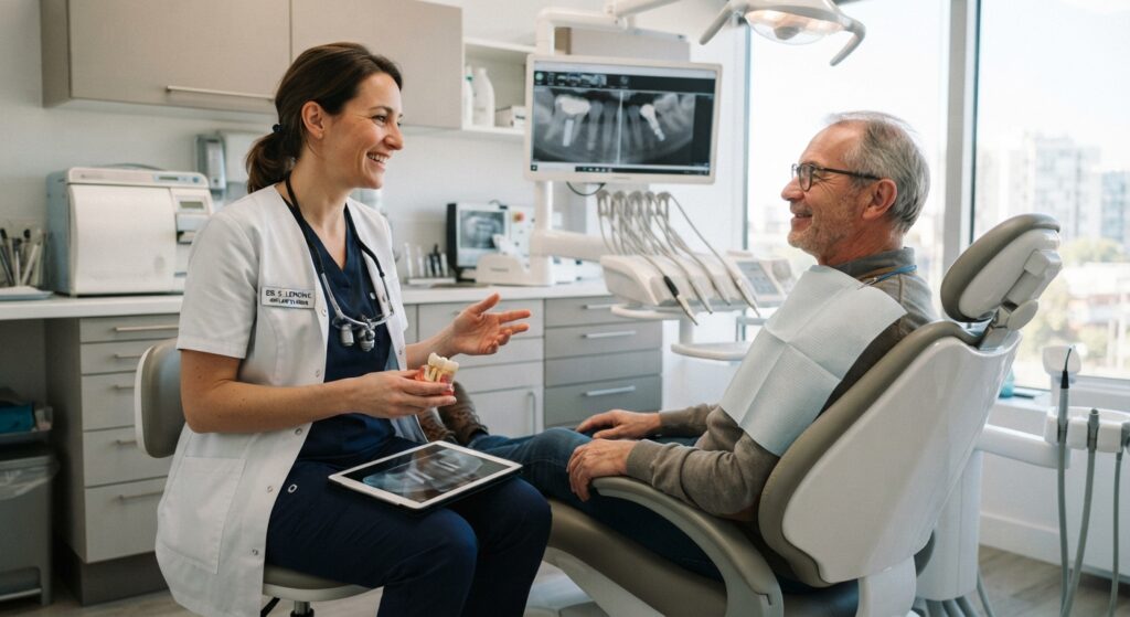 time off work after dental implant: patient planning the return to work during a consultation in Porto