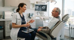 time off work after dental implant: patient planning the return to work during a consultation in Porto
