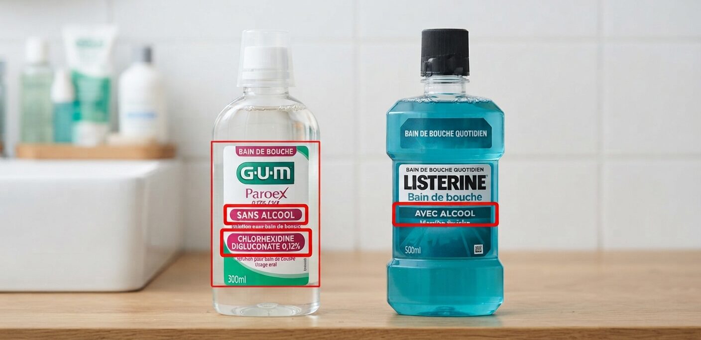 Lisez l'étiquette : « sans alcool » et « chlorhexidine 0,12 % » pour la cure post-opératoire, jamais un bain de bouche quotidien contenant de l'alcool.
