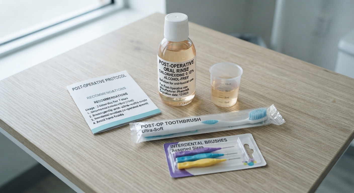 Alcohol-free chlorhexidine bottle, soft brush and written protocol: post-op mouthwash after dental implant kit, Porto clinic